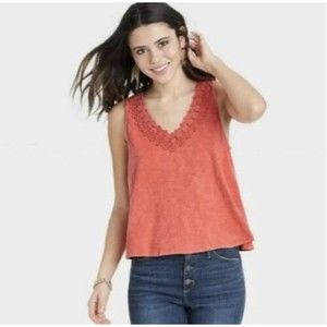 Knox Rose Sleeveless Tank Top M 100% Cotton Washed Coral Lace Flower Panel